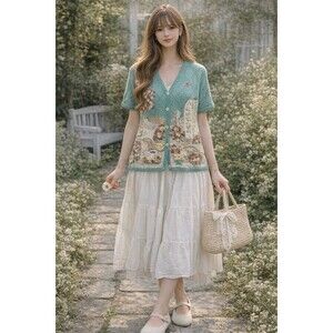 VTG Hand Embroidered Sweater Cardigan Cottagecore Novelty Floral Secret Garden M